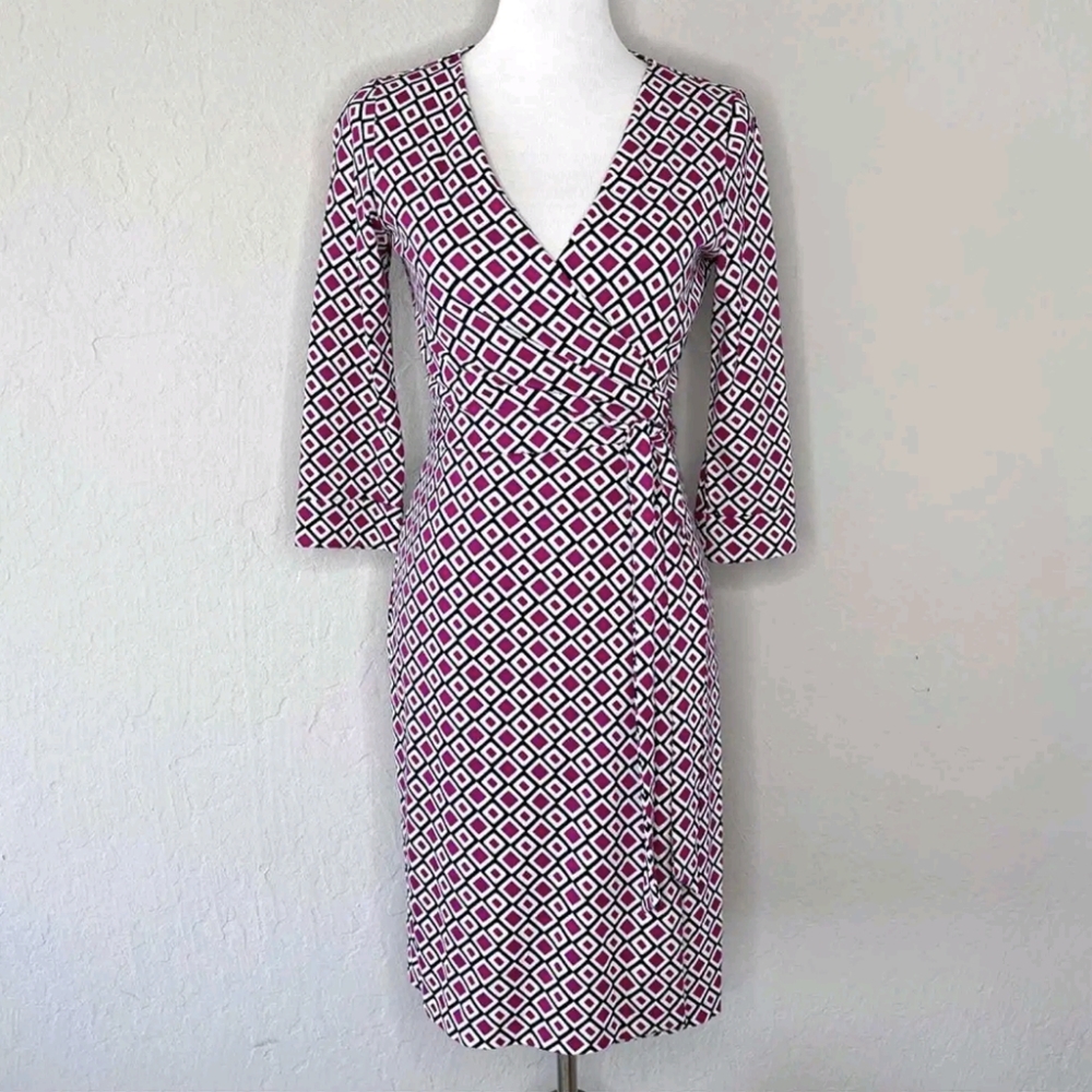 Diane Von Furstenberg Pink and White Diamond Wrap Dress